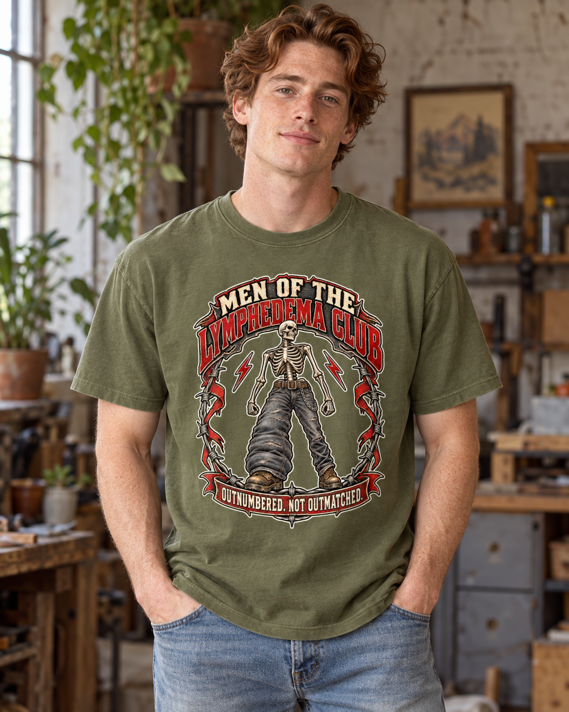 Lymphedema Club Graphic T-Shirt — "Men of the Lymphedema Club: Outnumbered, Not Outmatched" - Dark Colors - Image 2