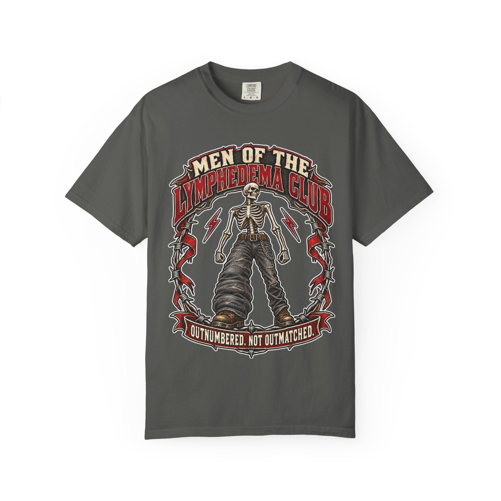 Lymphedema Club Graphic T-Shirt — "Men of the Lymphedema Club: Outnumbered, Not Outmatched" - Dark Colors - Image 4